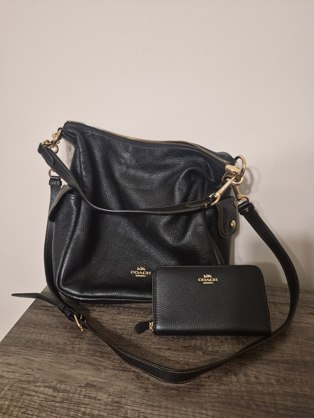 Coach Pennie Black Pebbled Leather  Shoulder Bag with Matching Wallet